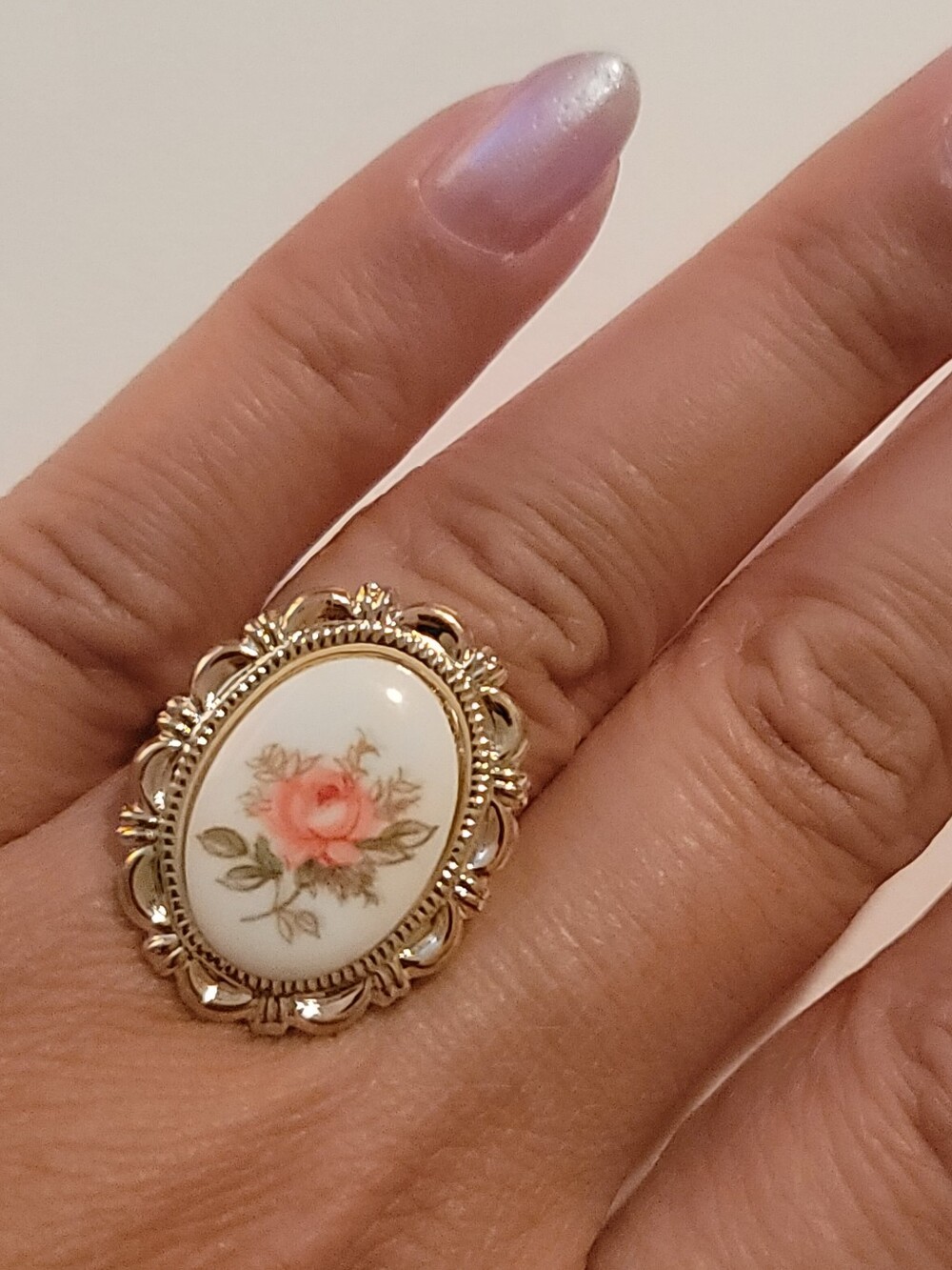 Vintage Floral Porcelain Gold-Tone Ring - Pink Rose - Adjustable - New Old Stock